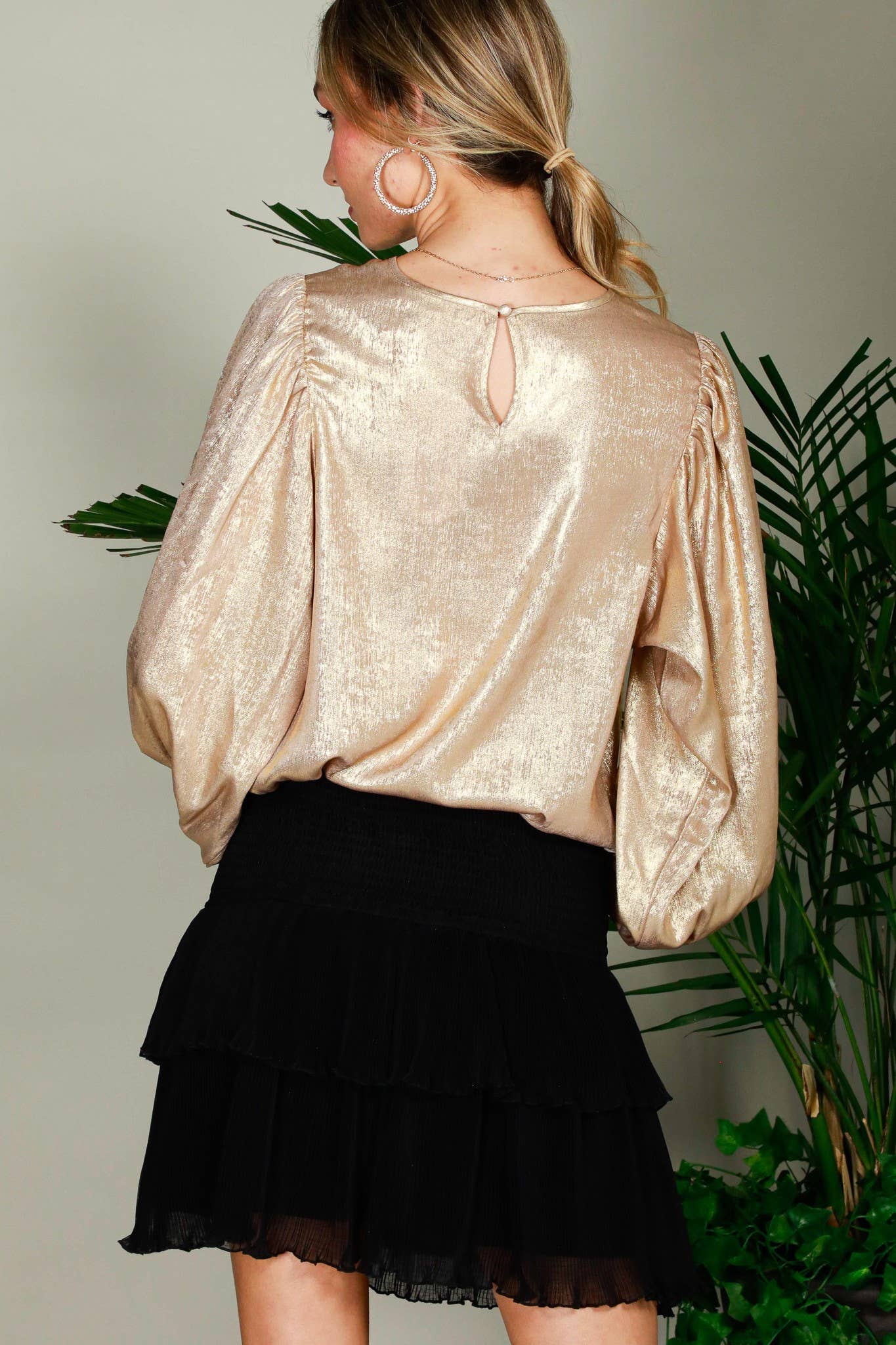 Long Balloon Sleeve Round Neck Metallic Woven BlouseVT31320D: Hunter Green / S