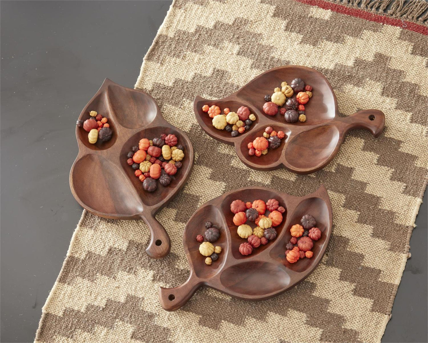 Carved Wood Divided Leaf Trays