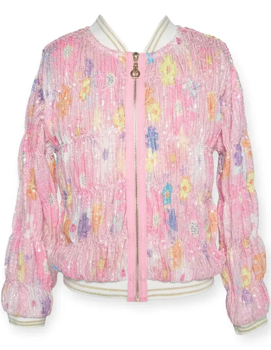 Smocked Floral Printed Sequin Bomber Jacket