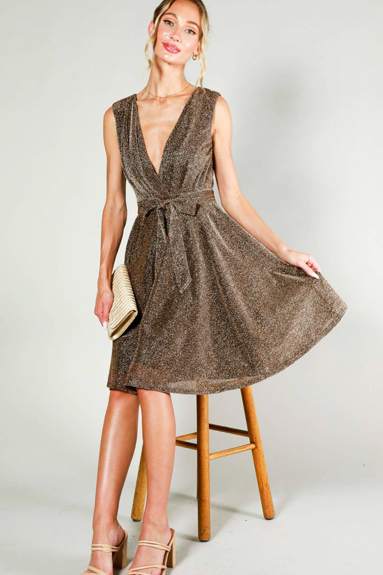 Load image into Gallery viewer, Surplice V-neck Sleeveless Tie Waist Dress in Bronze
