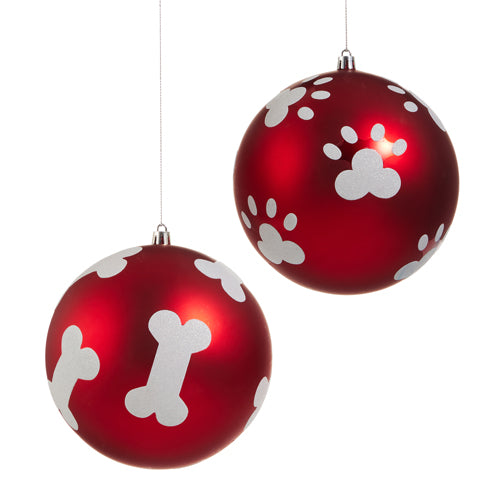 6" Red White Paw and Bone Ball Ornament