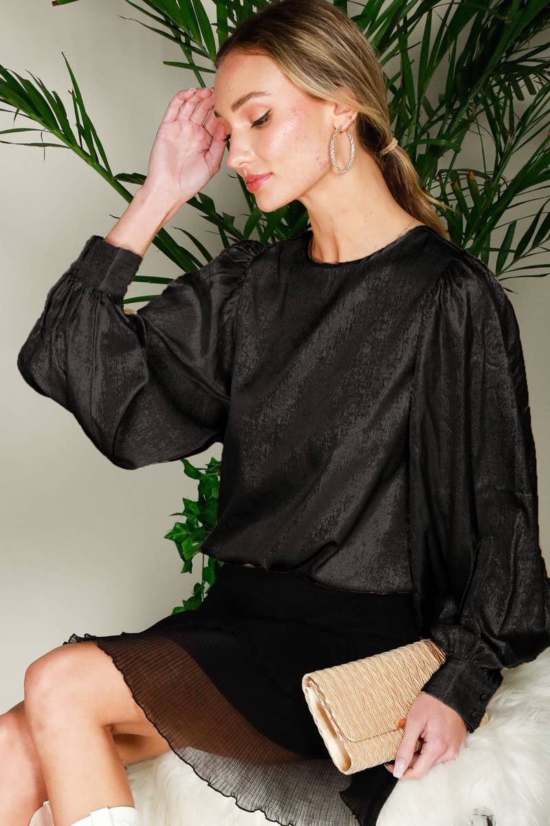 Long Balloon Sleeve Round Neck Metallic Woven BlouseVT31320D: Hunter Green / S