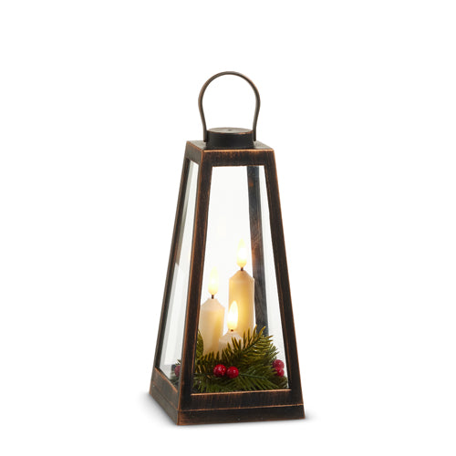 9.25" Distressed Lantern with Candles and Greenery