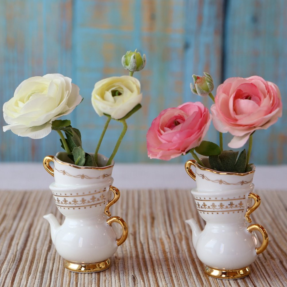 Set/2 Small Tea Time Whimsy Ceramic Bud Vase