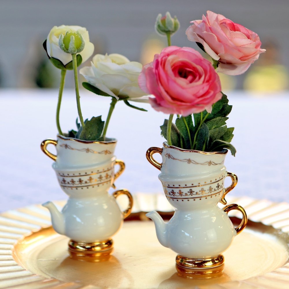 Set/2 Small Tea Time Whimsy Ceramic Bud Vase