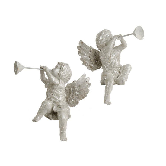 Sitting White Glittered Resin Cherub Statues