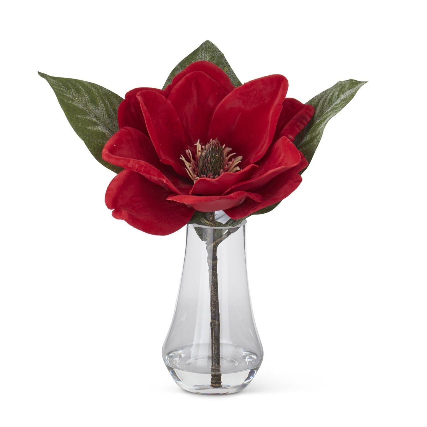 10 Inch Red Velvet Magnolia Premade in Clear Vase