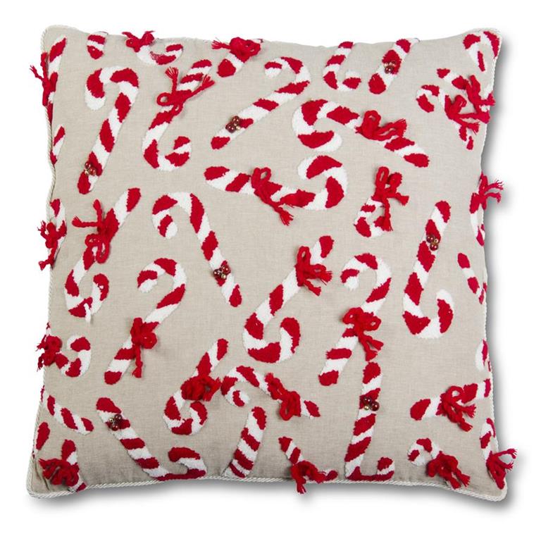 20 Inch Piped Linen Pillow w/Chenille Candy Canes & Bells
