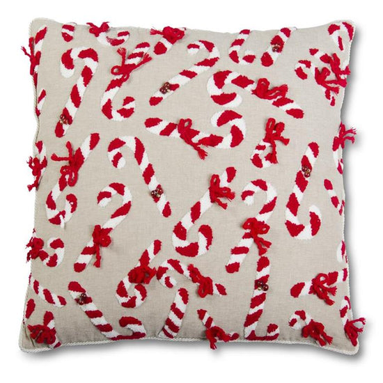 20 Inch Piped Linen Pillow w/Chenille Candy Canes & Bells