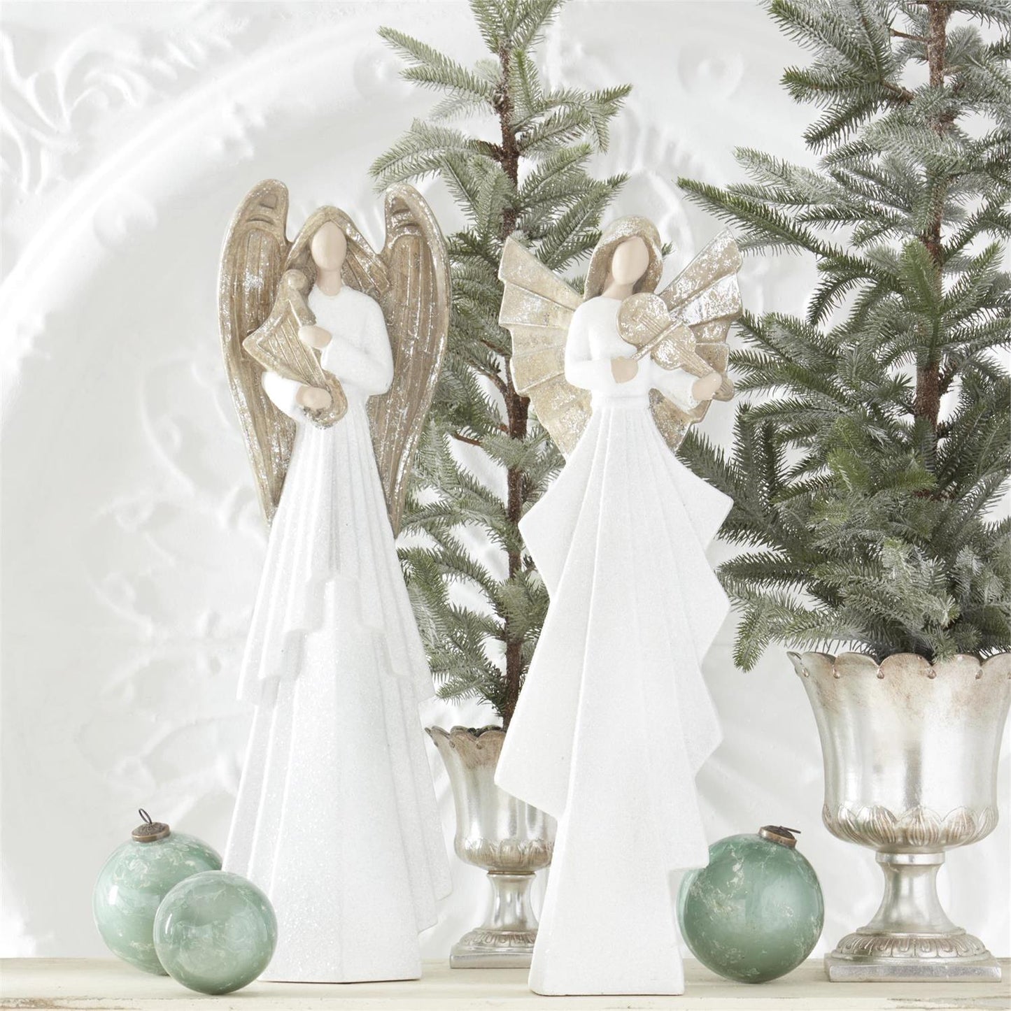 White Glittered Angels Playing Instruments