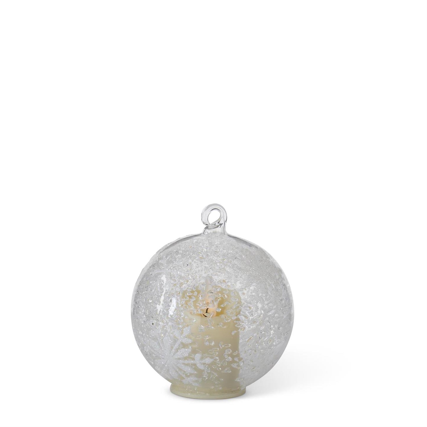 4 Inch LED Ice Textured Clear Glass White Snowflakes Ornament w/Timer