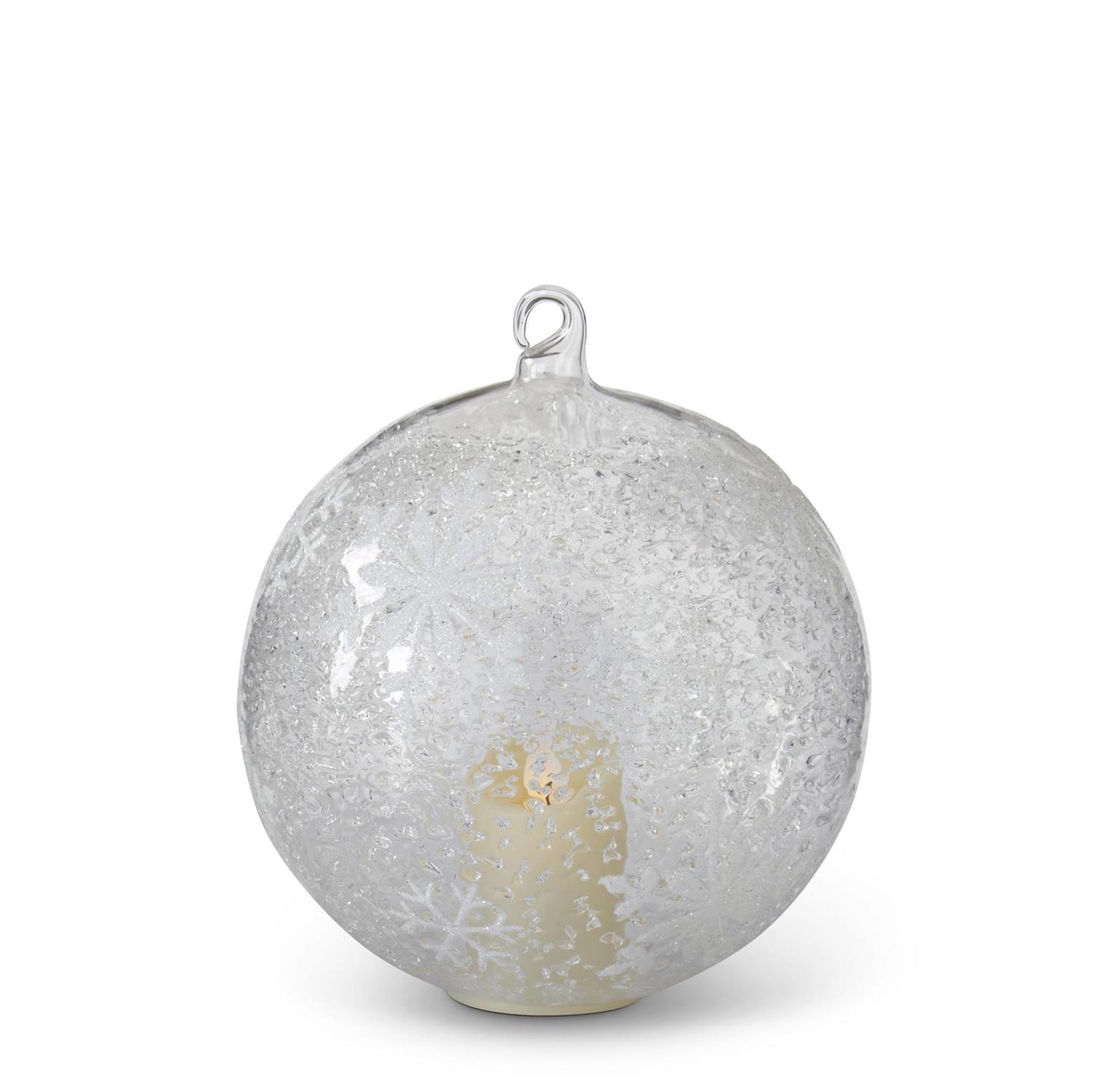 6 Inch LED Ice Textured Clear Glass White Snowflakes Ornament w/Timer
