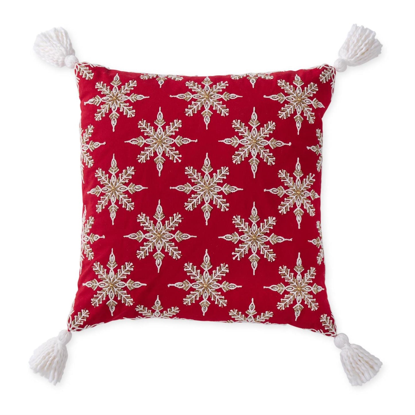 18 Inch Red Pillow w/White & Gold Snowflakes & Tassels