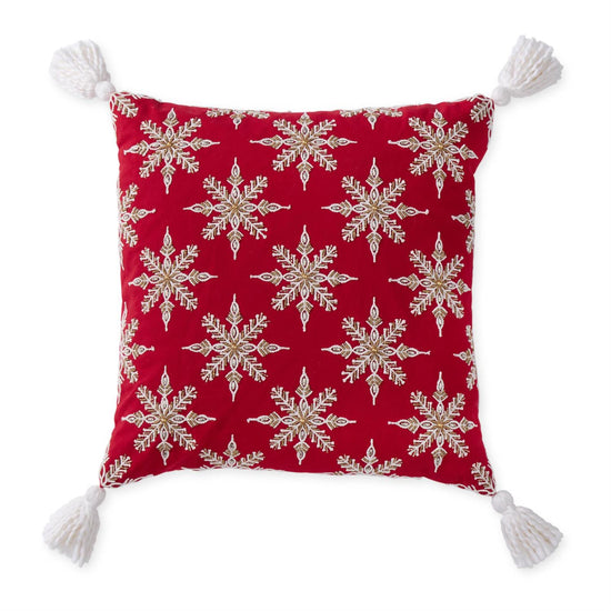 18 Inch Red Pillow w/White & Gold Snowflakes & Tassels