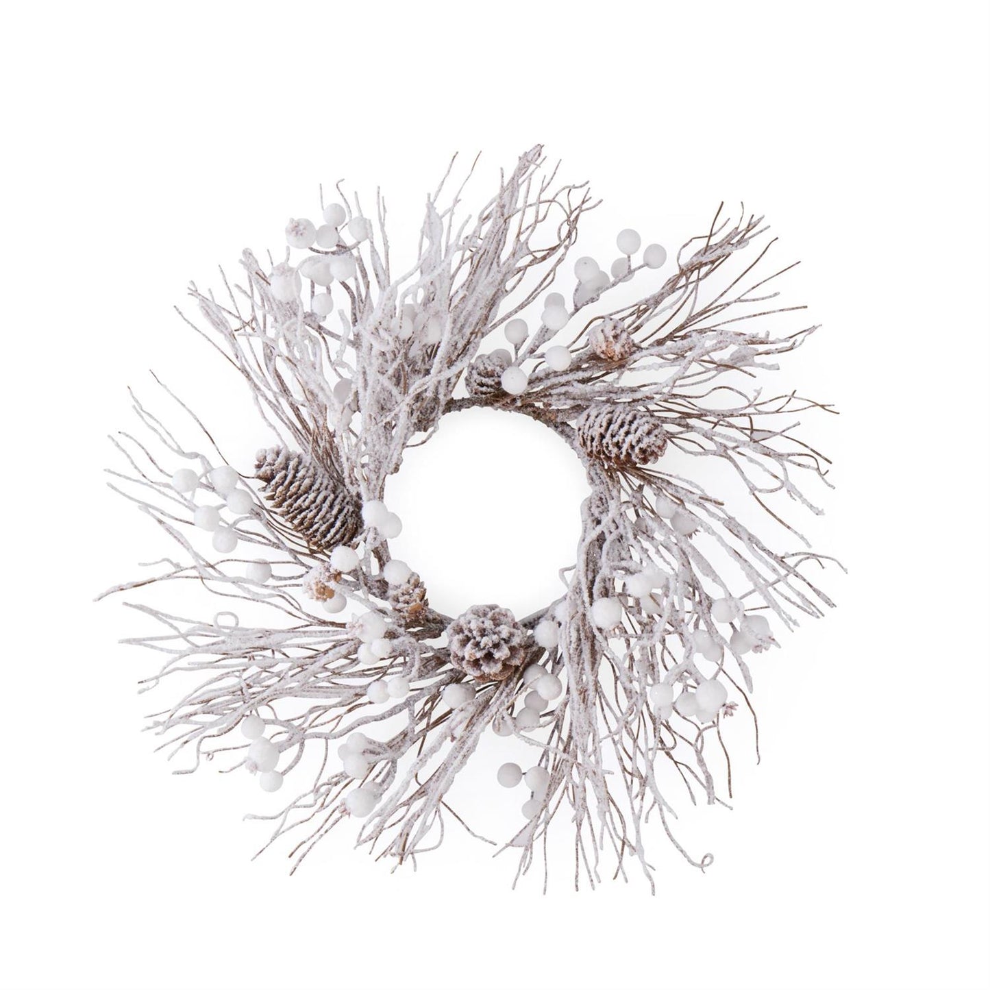 15 Inch White Flocked Twig Pinecone & Berry Candle Wreath