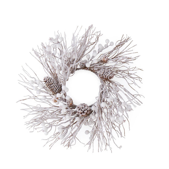 15 Inch White Flocked Twig Pinecone & Berry Candle Wreath