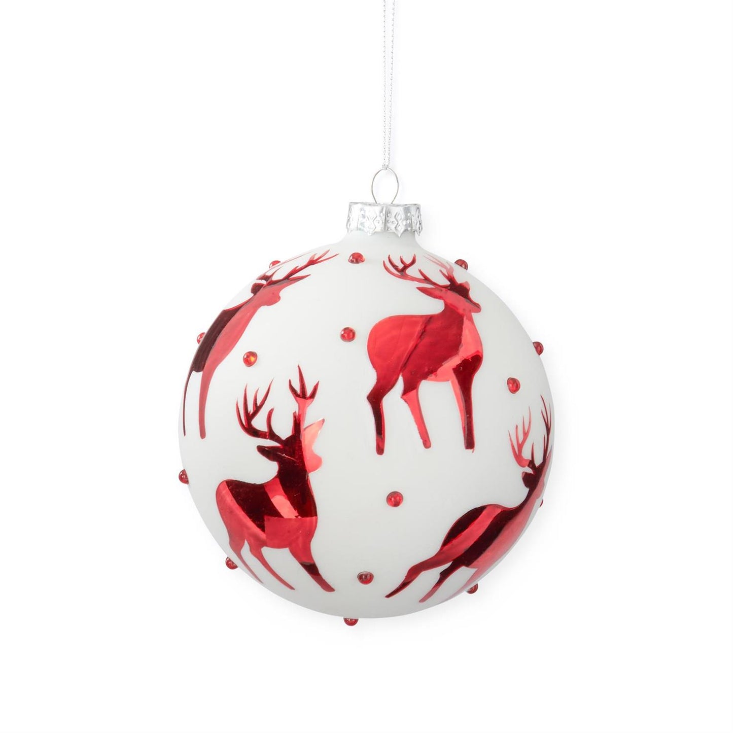 5.5 Inch White Glass Ornament w/Red Reindeer & Crystals