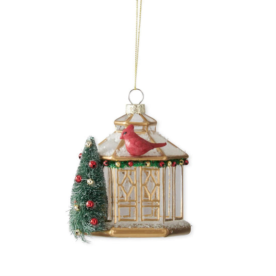 4 Inch Glass Gazebo w/Bottle Brush Tree & Bird Ornament
