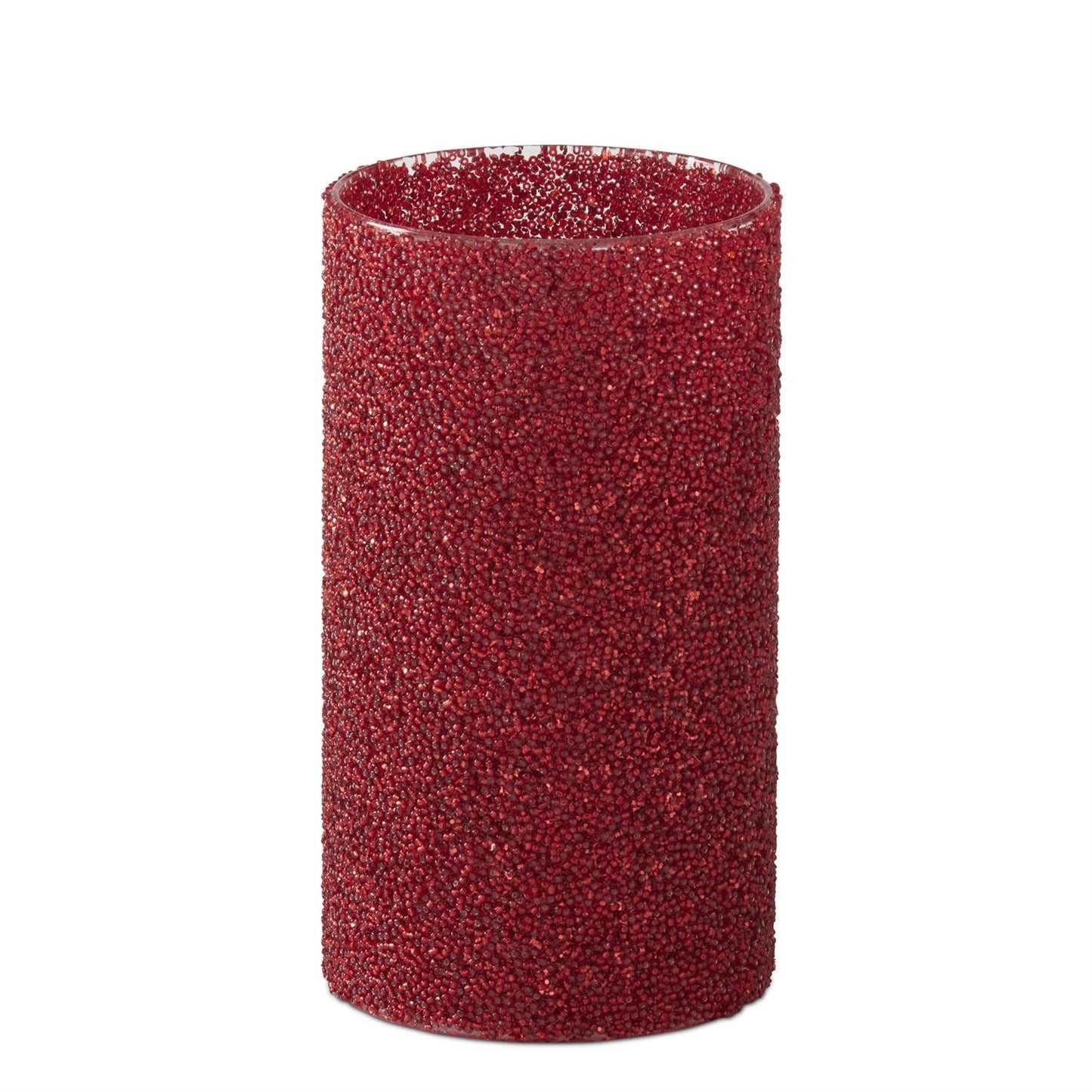 7.75 Inch Red Seed Bead Glass Cylinder Candle Slip