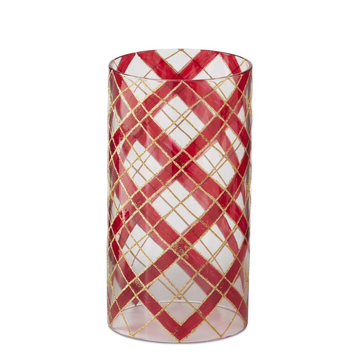 7.75 Inch Clear Glass w/Burgundy & Gold Plaid Pattern