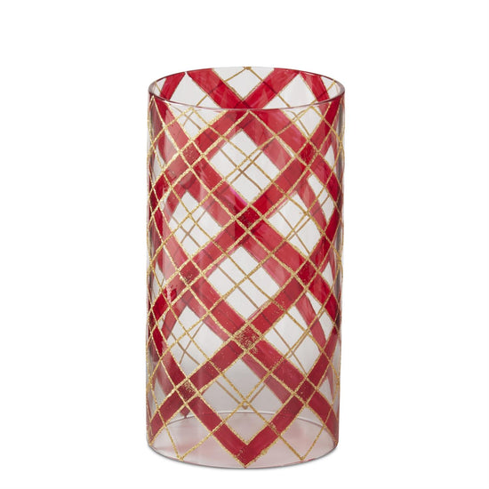7.75 Inch Clear Glass w/Burgundy & Gold Plaid Pattern
