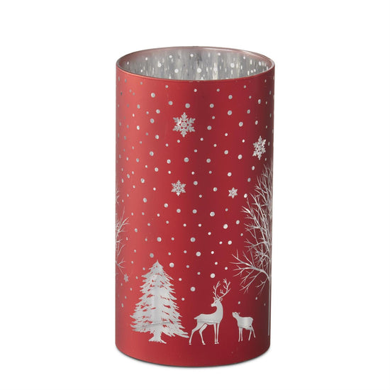 7.75 Inch Red Glass Laser Engraved Winter Scene Candle Slip Cover