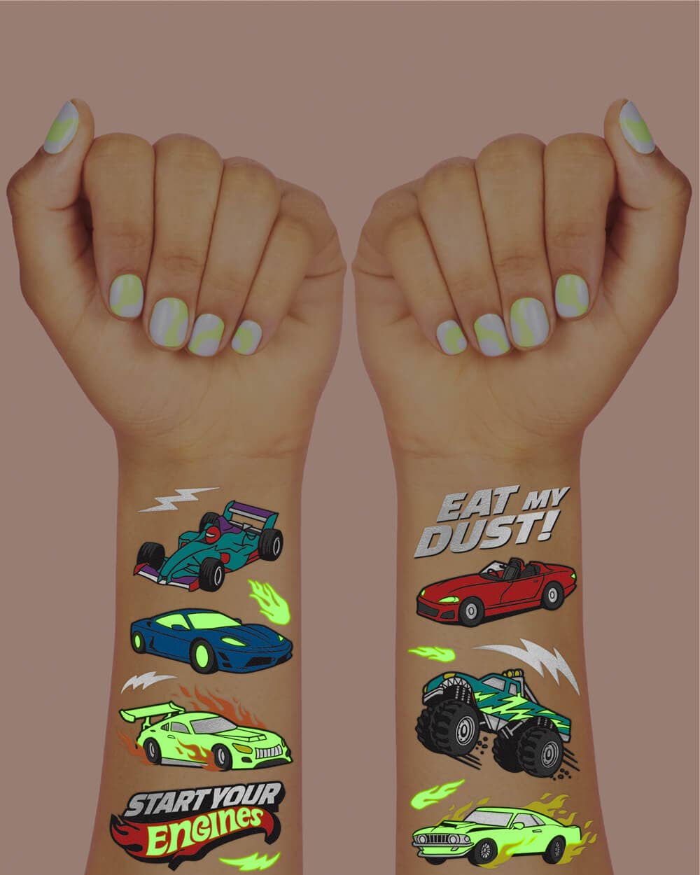 Racecar Glow In The Dark Kids Temporary Tattoos, Bday Favor