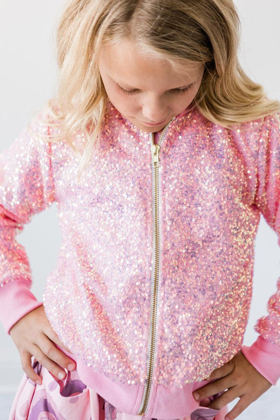 Load image into Gallery viewer, Pink Sequin Bomber Jacket
