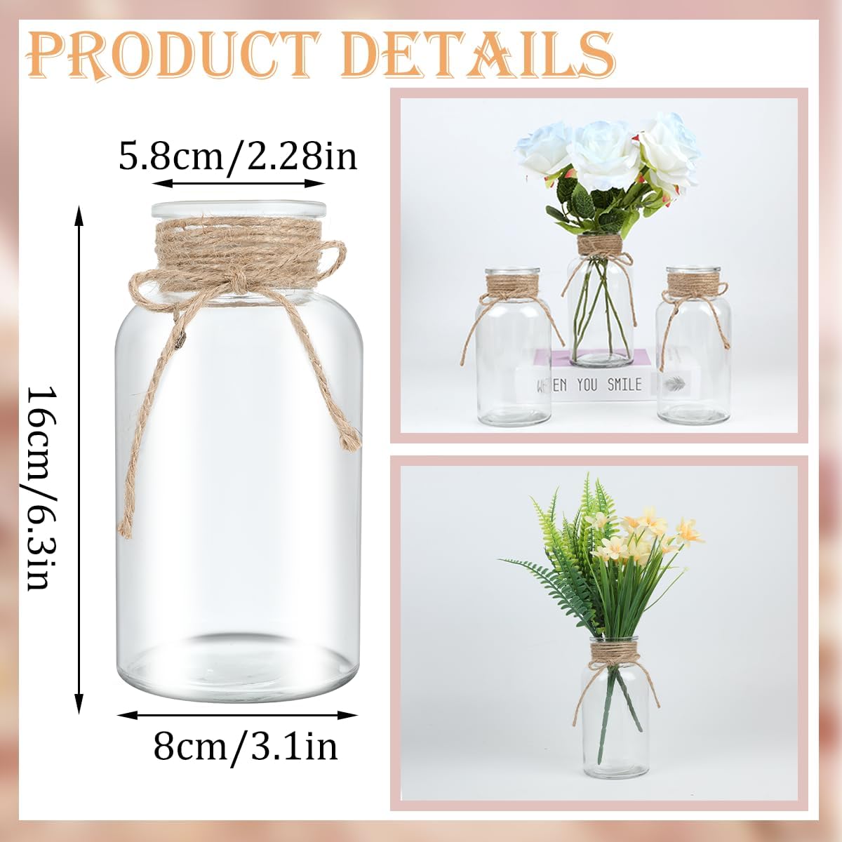 3 Pack Mason Jar Vases for Centerpieces, Amber Glass Flower Vase