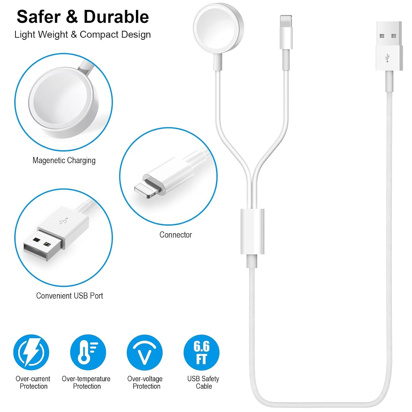 [Apple Certified] 2 in 1 iPhone and Watch Charger 6.6 FT Magnetic iWatch Charging Cable with USB Wall Block Travel Plug Charger for Apple Watch & iPhone