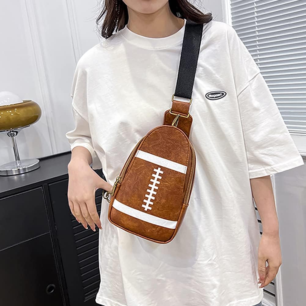 Pu Leather Football Print Sling Bag For Women, American Baseball Rugby Sports Chest Bag, Men's Travel Crossbody Bag