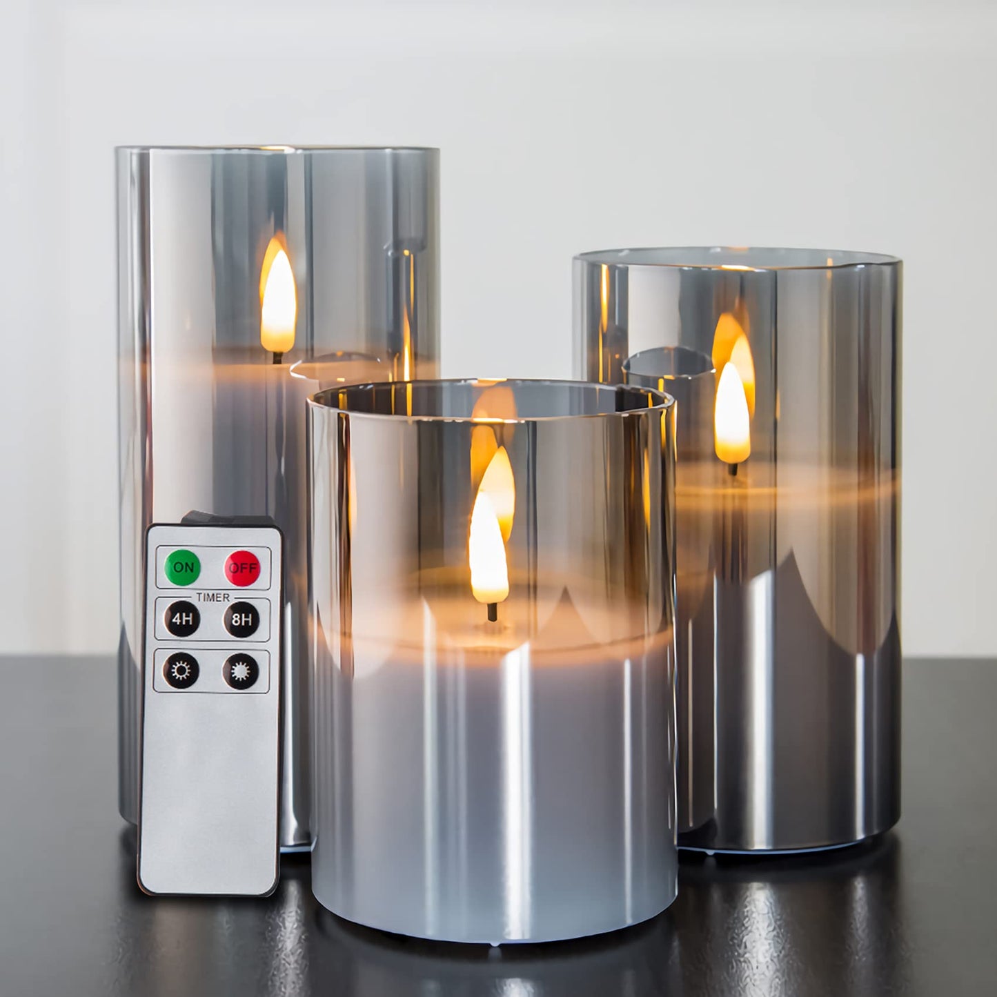 Eywamage Gold Glass Flameless Pillar Candles with Remote, Flickering Fall LED Candles Battery Operated Set of 3