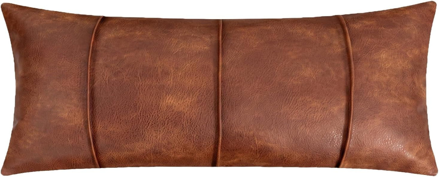 14x36 Lumbar Pillow Cover, Faux Leather Extra Long Decorative Body Pillowcase for Bed Couch, Hand Stitched Triple Row Oversized Accent Cushion Cover for Modern Farmhouse, Vintage Brown, 1 Pack