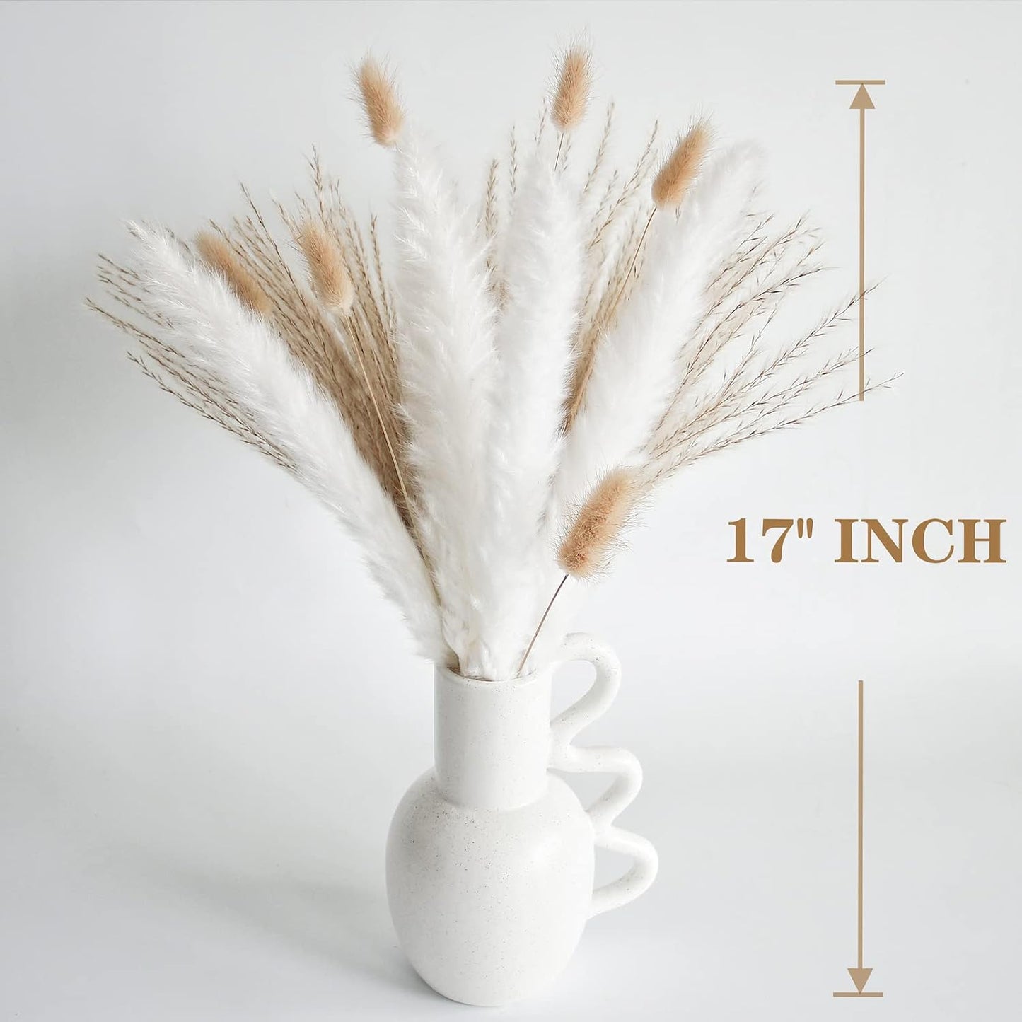 Dried Pampas Grass Decor, 100 Stems Pampas Grass Contains Bunny Tails Dried Flowers, Reed Grass Bouquet for Wedding Boho Flowers Home Table Decor, Rustic Farmhouse Party (17", White and Brown)