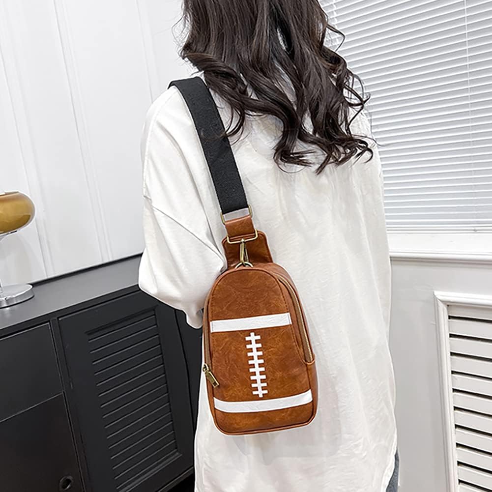 Pu Leather Football Print Sling Bag For Women, American Baseball Rugby Sports Chest Bag, Men's Travel Crossbody Bag