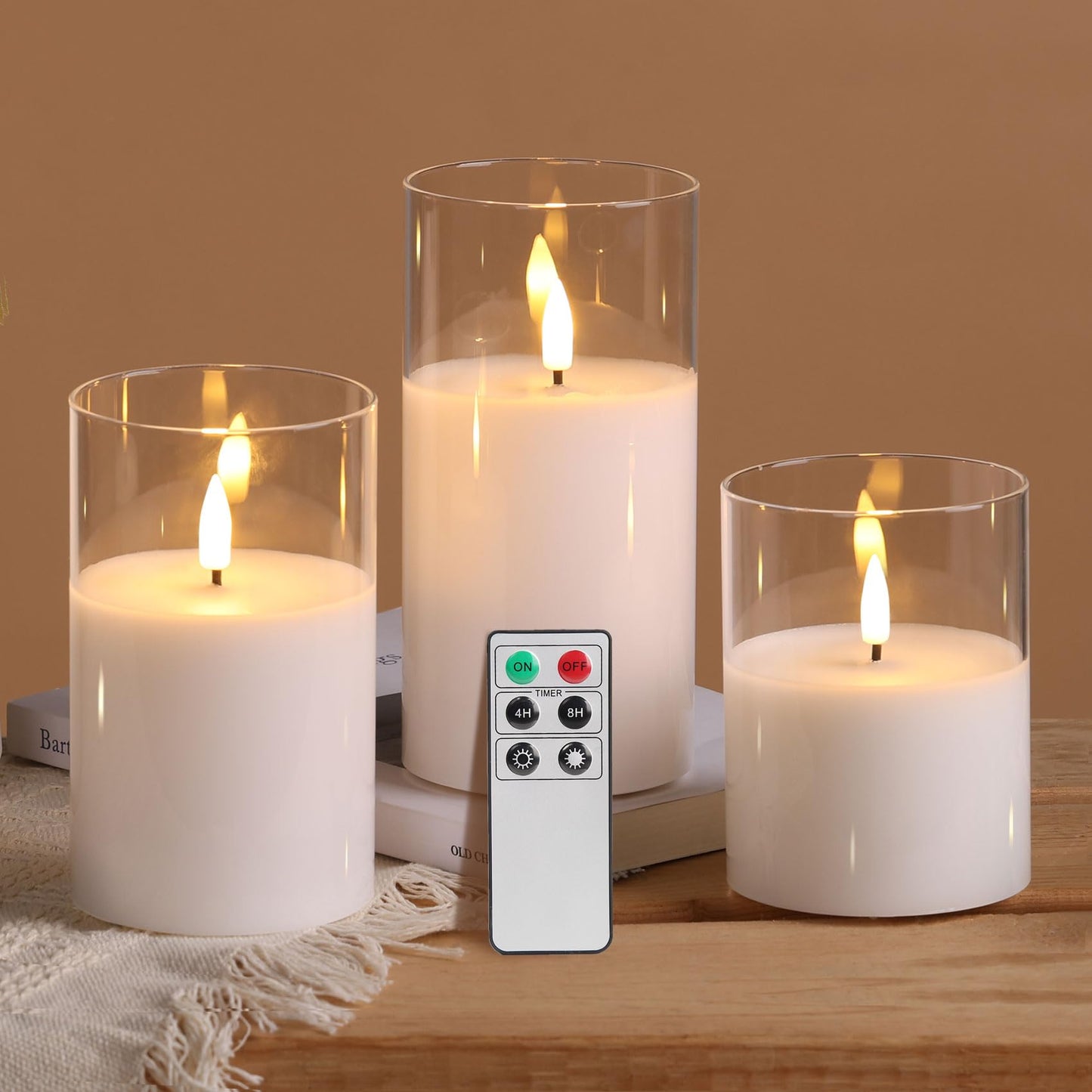 Eywamage Gold Glass Flameless Pillar Candles with Remote, Flickering Fall LED Candles Battery Operated Set of 3