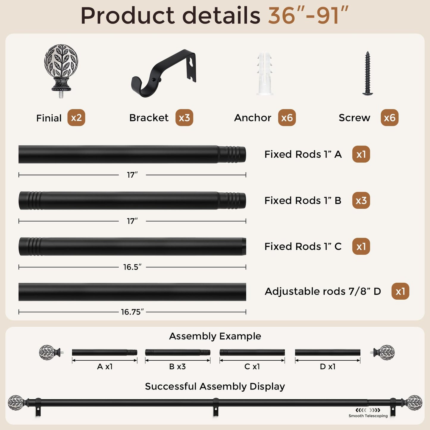 Curtain Rod 36-91 Inch, Boho Wood 1 Inch Curtain Rods for Windows