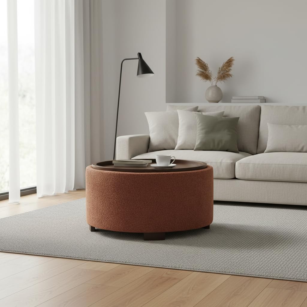 Zihanhome 30 Inch Round Storage Ottoman, Ottoman Coffee Table with Lift Off Lid, Boucle Modern Ottomans with Storage for Living Room, Bedroom, Apartments (Green)