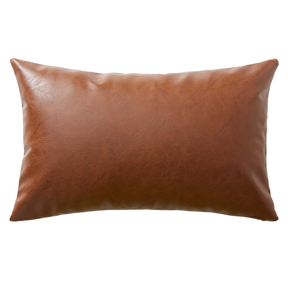 Fancy Homi Brown Boho Long Lumbar Faux Leather Body Decorative Throw Pillow Cover 14x36 Inch for Bedroom Couch Bed Bench, Thick Stylish Solid Rectangle Pillowcase, Rustic Modern Farmhouse Room Decor