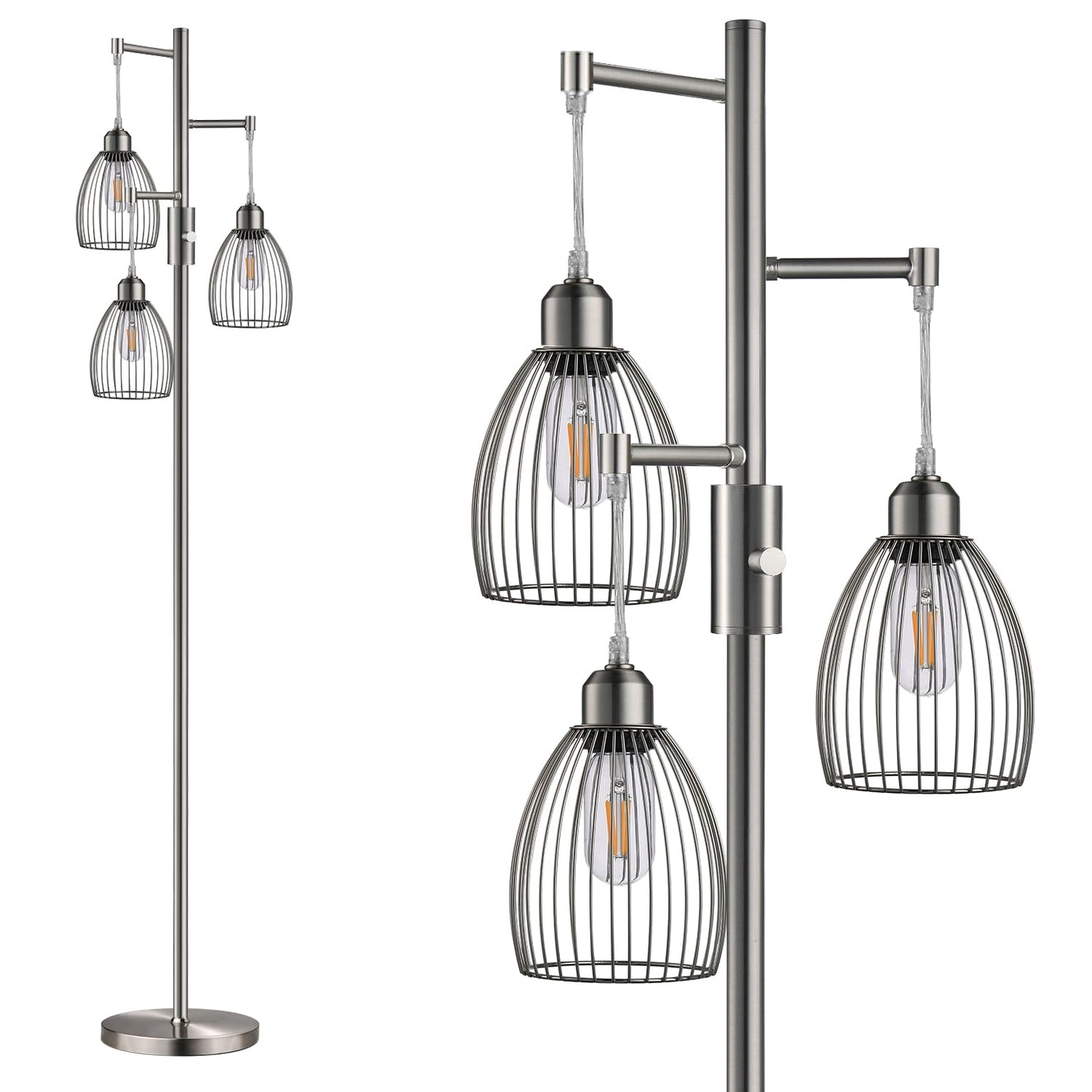 Dimmable Floor Lamp, Industrial Floor Lamps for Living Room, Gold Tree Lamp Standing Lamp Tall Lamps with 3 Elegant Teardrop Cage Head & 800 Lumens LED Bulbs for Living room Bedroom Office Dining Room