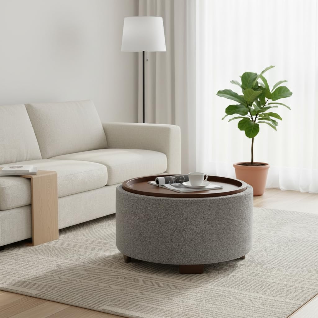Zihanhome 30 Inch Round Storage Ottoman, Ottoman Coffee Table with Lift Off Lid, Boucle Modern Ottomans with Storage for Living Room, Bedroom, Apartments (Green)