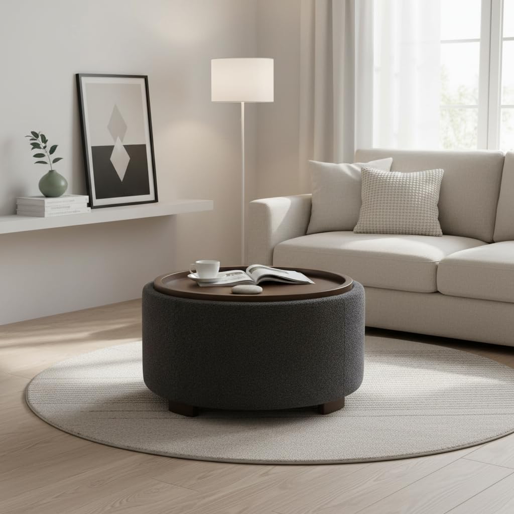 Zihanhome 30 Inch Round Storage Ottoman, Ottoman Coffee Table with Lift Off Lid, Boucle Modern Ottomans with Storage for Living Room, Bedroom, Apartments (Green)