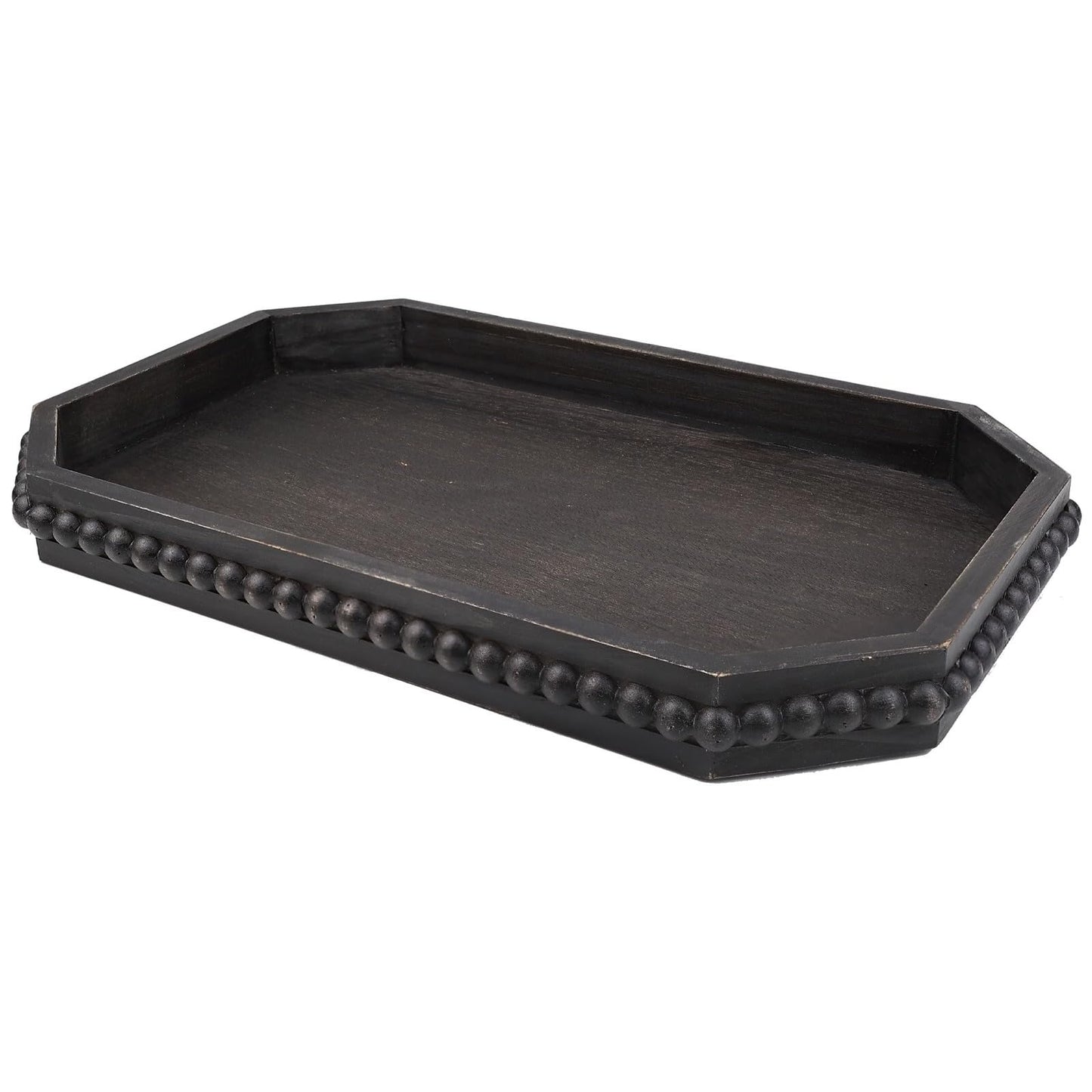 Hrastany Wood Rustic Serving Tray with Beads, Farmhouse Brown Decorative Tray for Table Centerpiece, Christmas Wedding Halloween Home Decor