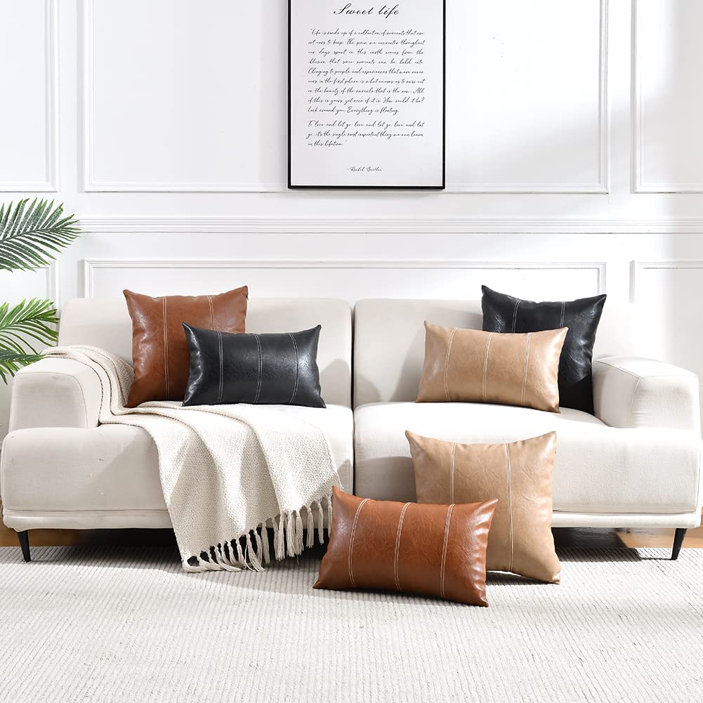 Fancy Homi Brown Boho Long Lumbar Faux Leather Body Decorative Throw Pillow Cover 14x36 Inch for Bedroom Couch Bed Bench, Thick Stylish Solid Rectangle Pillowcase, Rustic Modern Farmhouse Room Decor