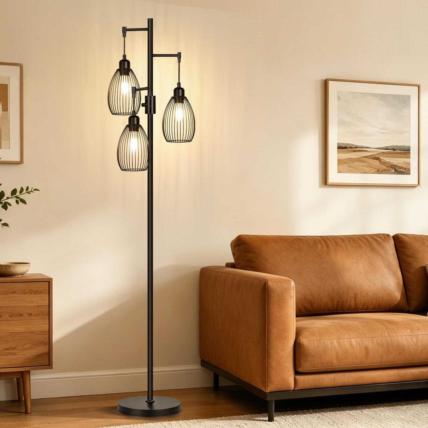 Dimmable Floor Lamp, Industrial Floor Lamps for Living Room, Gold Tree Lamp Standing Lamp Tall Lamps with 3 Elegant Teardrop Cage Head & 800 Lumens LED Bulbs for Living room Bedroom Office Dining Room