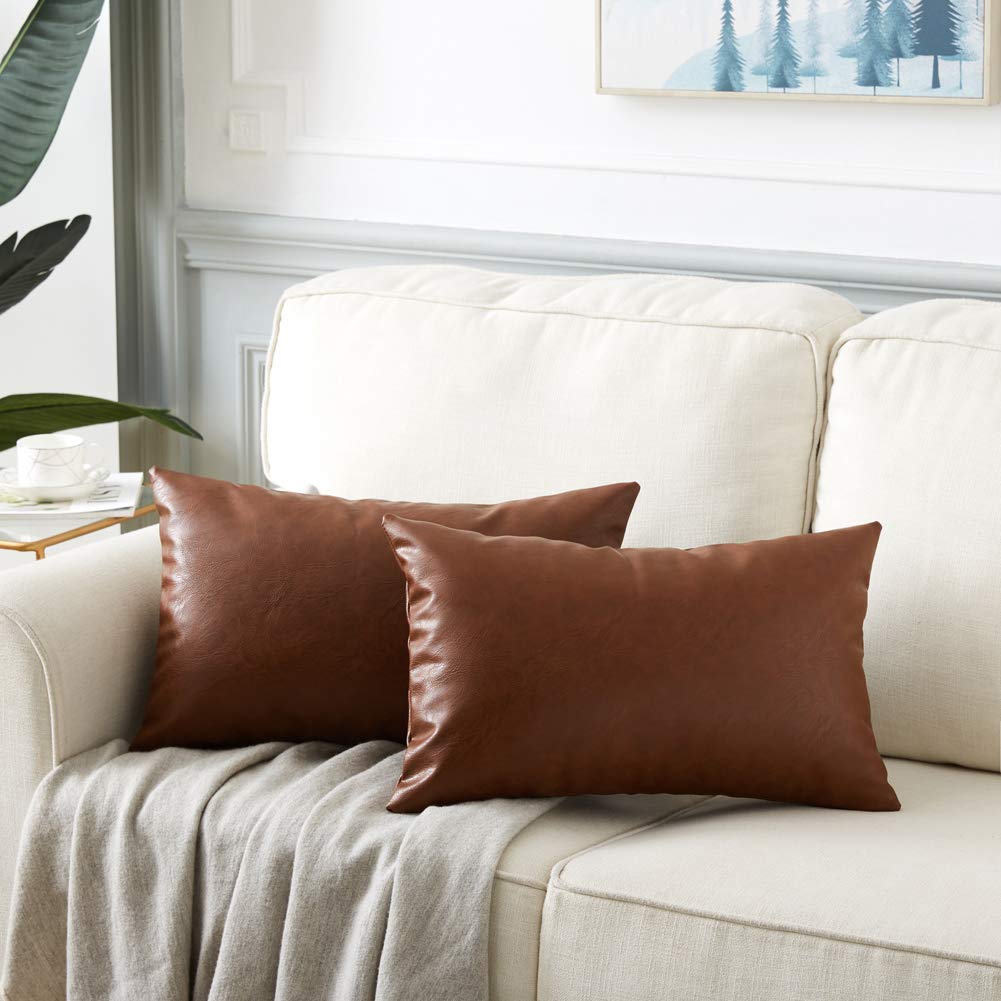 Fancy Homi Brown Boho Long Lumbar Faux Leather Body Decorative Throw Pillow Cover 14x36 Inch for Bedroom Couch Bed Bench, Thick Stylish Solid Rectangle Pillowcase, Rustic Modern Farmhouse Room Decor