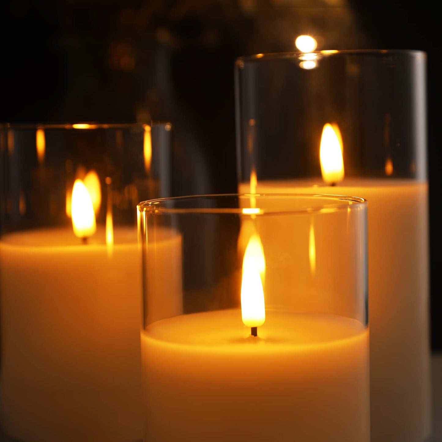 Eywamage Gold Glass Flameless Pillar Candles with Remote, Flickering Fall LED Candles Battery Operated Set of 3