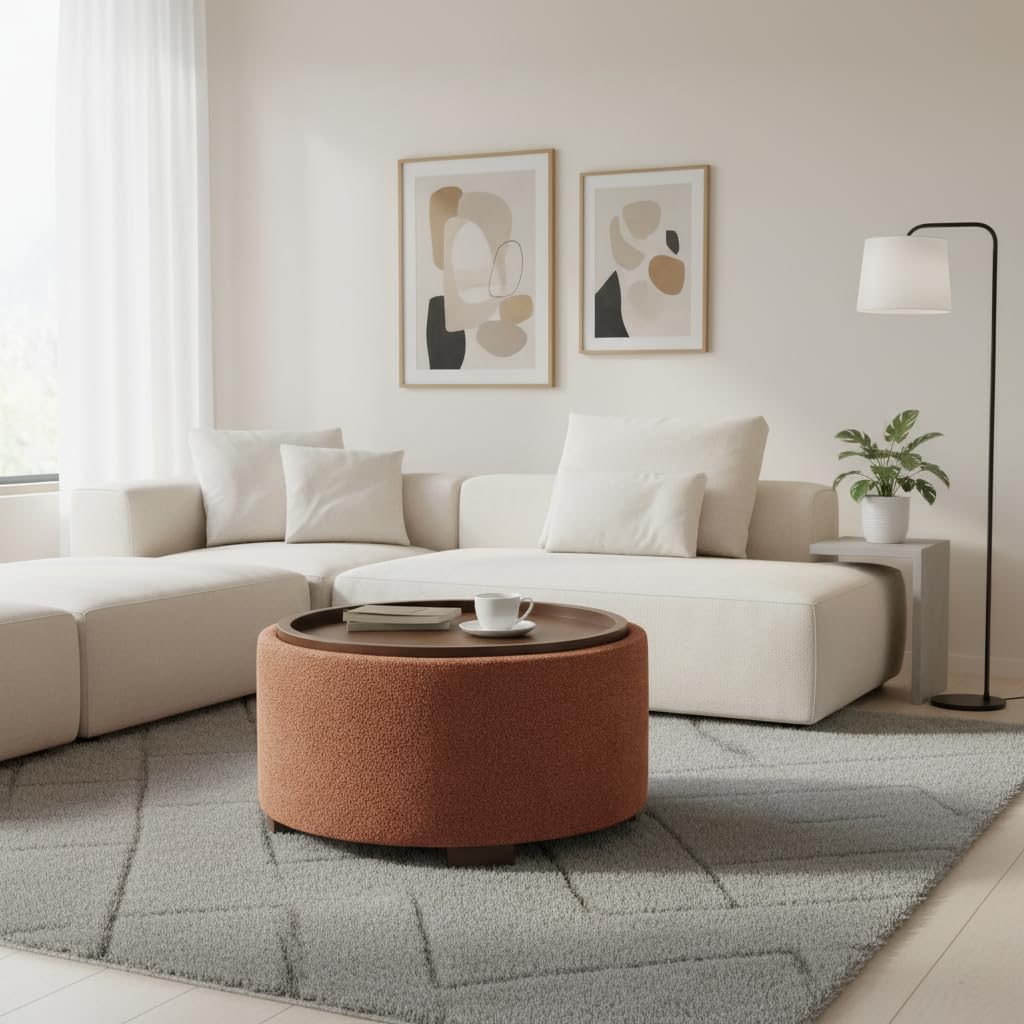 Zihanhome 30 Inch Round Storage Ottoman, Ottoman Coffee Table with Lift Off Lid, Boucle Modern Ottomans with Storage for Living Room, Bedroom, Apartments (Green)