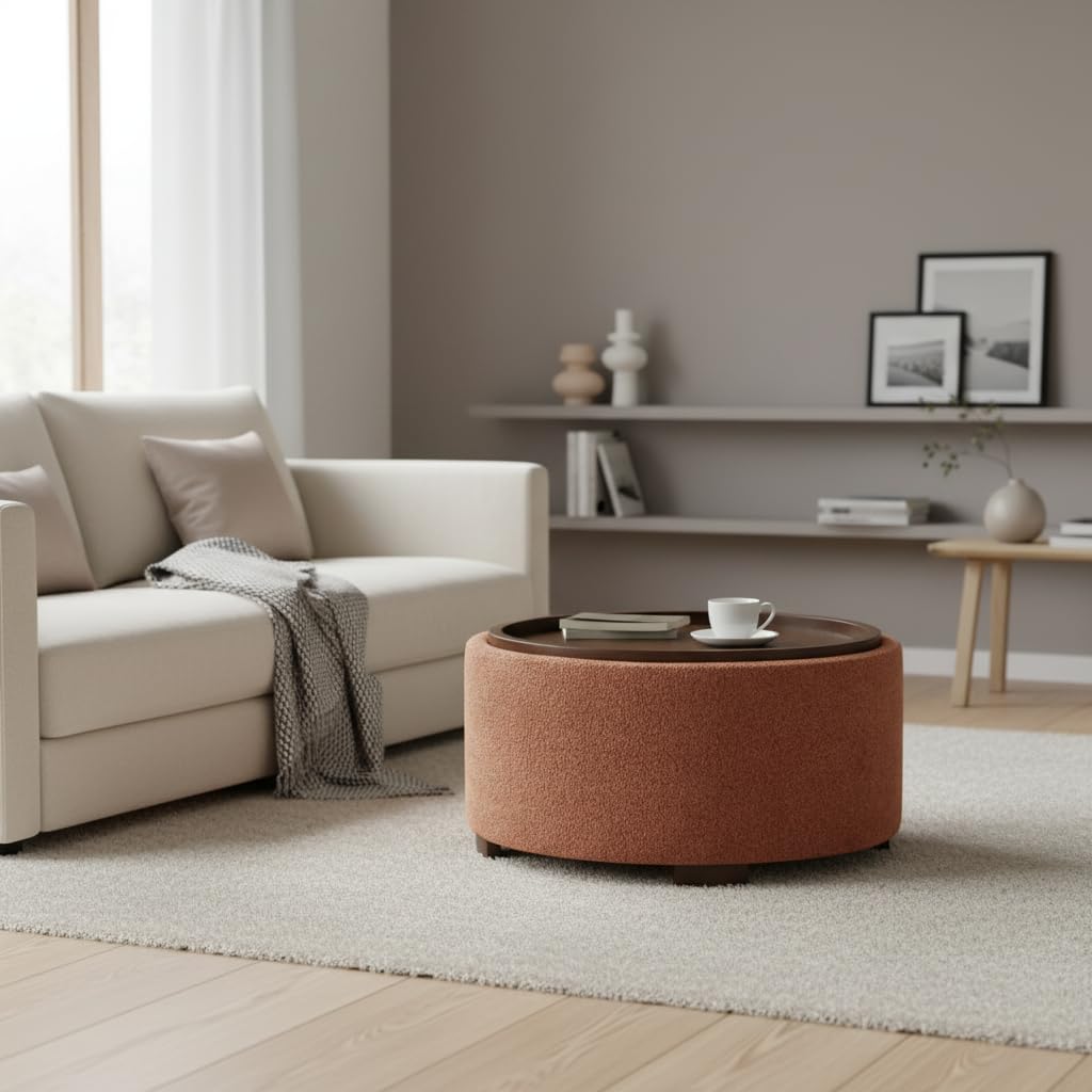 Zihanhome 30 Inch Round Storage Ottoman, Ottoman Coffee Table with Lift Off Lid, Boucle Modern Ottomans with Storage for Living Room, Bedroom, Apartments (Green)