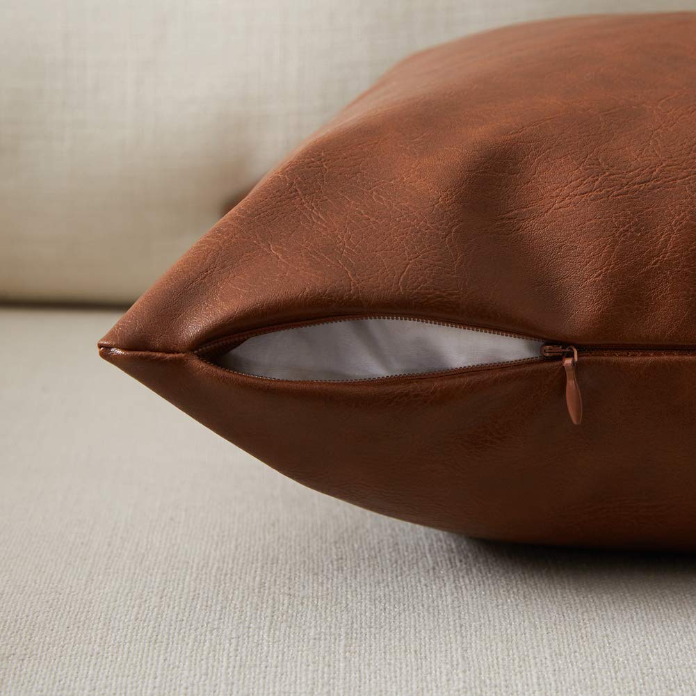 Fancy Homi Brown Boho Long Lumbar Faux Leather Body Decorative Throw Pillow Cover 14x36 Inch for Bedroom Couch Bed Bench, Thick Stylish Solid Rectangle Pillowcase, Rustic Modern Farmhouse Room Decor